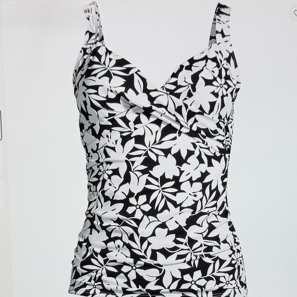 Lands’ End Chlorine Resistant VNeck Wireless Tankini Top Black Havana Floral NEW